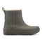 side view of green short rubber rain boots with cream insulated interiors