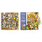 puzzle pieces and box of 500 piece puzzle with colorful flowers and mushrooms