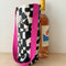 white wine tote with abstract white checkered print and fuchsia handle