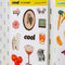 side view of cool sticker sheet with cats, tomatoes, martini, horse picture and flower print
