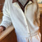 model wearing pearl white mohair cardigan
