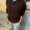front view of model wearing cocoa brown mohair cardigan