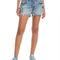 model wearing distressed denim shorts with colorful patches on the side