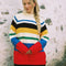 model wearing primary color mockneck tunic with white, blue, black, yellow, green, blue and red different sized stripes