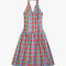 colorful plaid midi dress with button front, collar detail, and drop waist