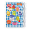 back view of blue and white gingham sticker book with colorful fruit label stickers on the front