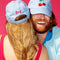 models wearing light blue dad hat with embroidered cherry print on the front and red cursive 'Bing!' on the back