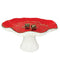 red and white mushroom pedestal trinket dish with gold spots and trim with jewelry on it