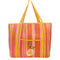 orange, yellow, and pink vertical stripe recycled plastic tote with ribbon detail and lemon applique