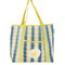 blue, white and yellow plaid large recycled plastic tote bag with ric rac detail and egg patch on the front pocket
