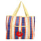 orange, dark blue and light blue plaid recycled plastic tote with ribbon detail and tomato applique
