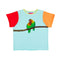 light blue relaxed baby tee with one red and one orange sleeve and realistic parrot print on the front 