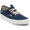 front view of navy authentic vans sneaker with dark blue tab on the tongue and thick white sole
