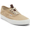 front view of tan authentic vans sneaker with dark brown tab on the tongue and thick white sole