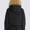 back view of model wearing black cropped puffer jacket with hood