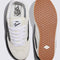 top and bottom view of cream suede super low sneakers with black iconic vans stripe