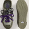 top and bottom view of dark green and metallic sage super low pro sneakers with black and white speckled laces and purple laces