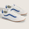 white vans super low pro sneaker with royal blue trim and iconic stripe