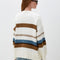 back view of cream cardigan with tan and blue stripes