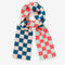 two toned checkered scarf with navy and light pink checkers and coral and mint checkers