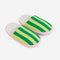 lime green multi striped slide slippers with pink and white sole