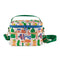 white quilted lunch bag with all over charcuterie print with green and blue trim 