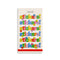 cream sticker book with multicolor 'stickers!' repeated across the front and red elastic closure