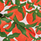 up close of white tea towel with red tomato print