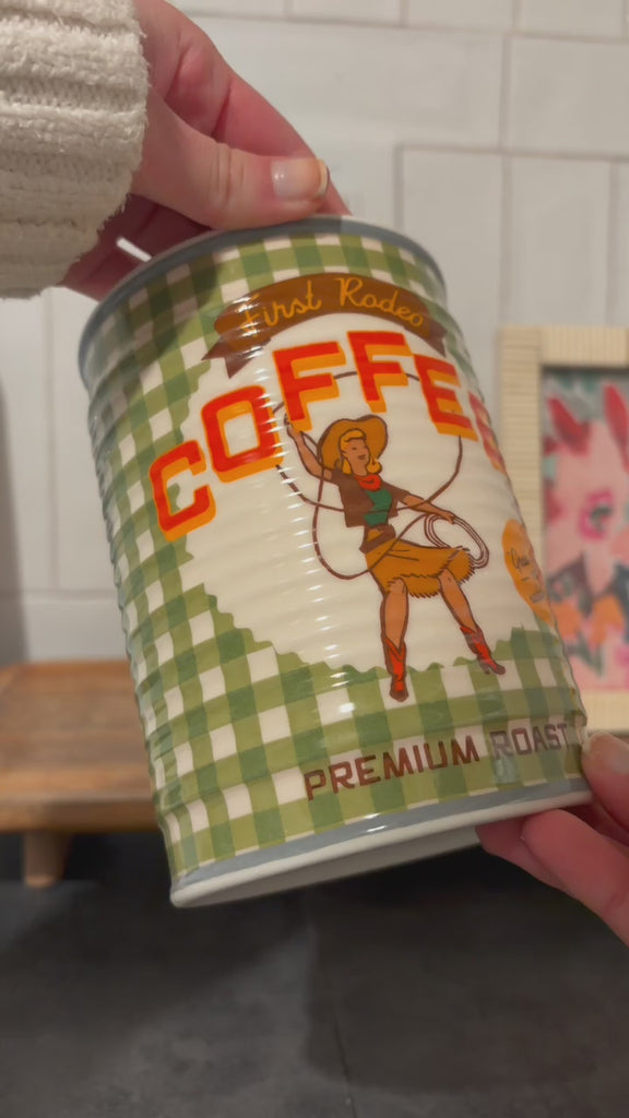 model displaying green gingham rodeo coffee can vase