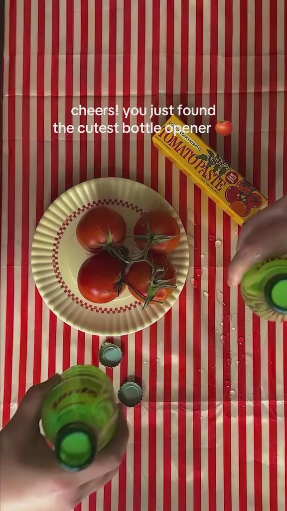 model using yellow 'double concentrated tomato paste' bottle opener to open various bottles