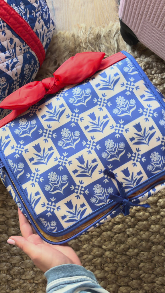 model filling hanging toiletry bag