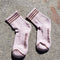 light pink socks with burgundy stripe accents