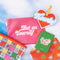 set of three carryall bags: small red with colorful starbursts, medium pink 'bet on yourself', and large clear bag with colorful checker and fun spade, heart, cherry, diamond print