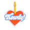 red heart shaped luggage tag with blue and white 'Howdy!' in bubble letters