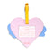 back view of heart shaped luggage tag with clear PVC window and yellow strap