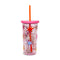 backview of sip sip glitterbomb tumbler with colorful starburst print, pink lid, and red silicone straw