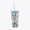 reusable tumbler with straw in blue strawberry floral pattern