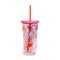 sip sip glitterbomb tumbler with colorful starburst print, pink lid, and red silicone straw